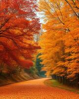Foto väg är omgiven förbi träd med färgrik löv under falla ai-genererad