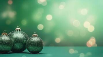 jul bollar av grön Färg på grön suddig bakgrund. struntsak till dekorera de träd. jul begrepp. ai genererad foto
