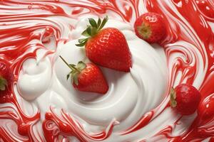 virvlande mjölk grädde med färsk jordgubbar. stänk mjölk och frukt texturer. ai genererad foto
