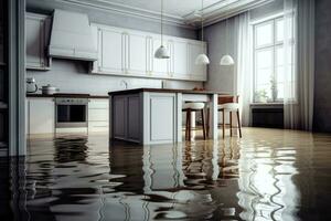 översvämmad golv i kök från vatten läcka. skada. fast egendom försäkring. generativ ai foto