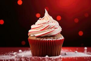 röd jul cupcake, godis sockerrör och jul dekoration. ai genererad foto