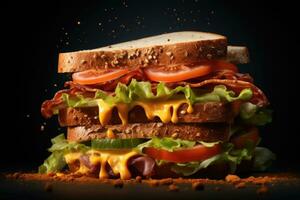 smörgås med gott Ingredienser av salami, tomat, sallad och schack. generativ ai foto