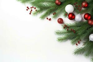 jul dekoration med gran grenar och grannlåt på en vit bakgrund med kopia Plats. ai genererad foto