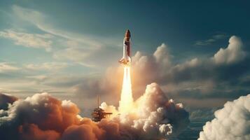 raket framgångsrikt lanserades in i Plats. rymdskepp tar av in i de starry himmel. generativ ai foto