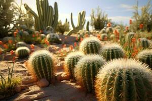 en öken- full av kaktus. panorama med torr öken- kaktusar. generativ ai foto