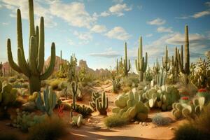 en öken- full av kaktus. panorama med torr öken- kaktusar. generativ ai foto