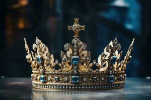 gyllene dekorerad drottning krona med ruter. dyr Smycken. magi krona, stänga upp. generativ ai foto