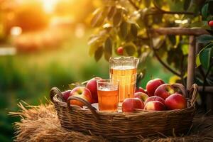 utsökt mogen äpplen och glas av juice på äpple trädgård bakgrund i sommar. generativ ai foto