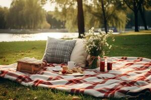 mysigt höst picknick i de parkera med smörgåsar och en pläd filt. generativ ai foto