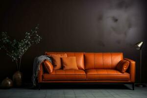 interiör design av modern levande rum med orange läder soffa och Hem växter. ai genererad foto