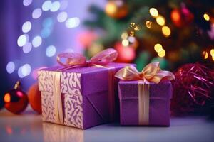 jul gåva lådor på de bakgrund av bokeh girlanger. generativ ai foto