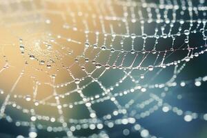 spindelnät naturlig regn mönster. Spindel webb Utsmyckad med daggdroppar den där glänste i de morgon- ljus. generativ ai foto