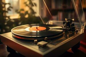 årgång spela in spelare med vinyl skiva på tabell i rum. generativ ai foto