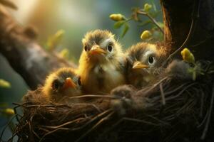 bebis fåglar i de bo på natur bakgrund. ai genererad. proffs bild foto
