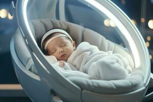söt liten bebis sovande i en bebis bil sittplats på Hem. ai genererad proffs Foto