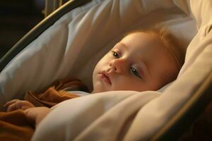 söt liten bebis pojke Sammanträde i sjukhus säng, närbild. ai genererad proffs Foto