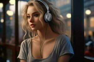 skön ung kvinna med hörlurar lyssnande till musik. porträtt av en skön blond flicka i hörlurar. ai genererad proffs Foto