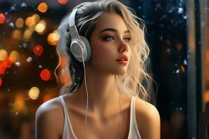 skön ung kvinna med hörlurar lyssnande till musik. porträtt av en skön blond flicka i hörlurar. ai genererad proffs Foto