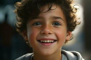 porträtt av en söt leende liten pojke. närbild. ai genererad proffs Foto