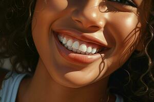 ung kvinna med skön friska leende, närbild. dental vård. ai genererad proffs Foto