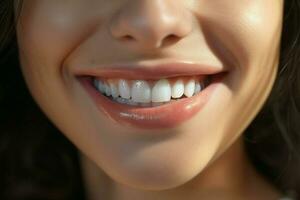 ung kvinna med skön friska leende, närbild. dental vård. ai genererad proffs Foto