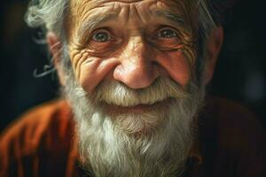 närbild porträtt av en Lycklig senior man med vit skägg. ai genererad proffs Foto