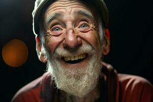 närbild porträtt av en Lycklig senior man med vit skägg. ai genererad proffs Foto