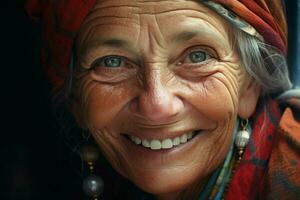 porträtt av en leende senior kvinna. fokus på de ögon. ai genererad proffs Foto