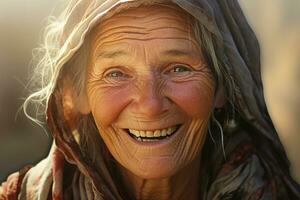 porträtt av en leende senior kvinna. fokus på de ögon. ai genererad proffs Foto