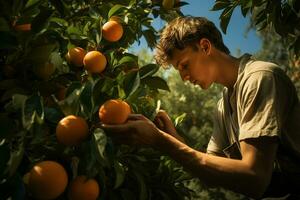 jordbrukare skörd apelsiner på en citrus- träd i Sicilien, Italien. ai genererad proffs Foto