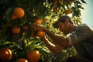 jordbrukare skörd apelsiner på en citrus- träd i Sicilien, Italien. ai genererad proffs Foto