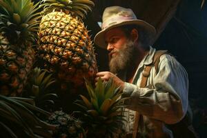 en man skörd ananas i de fält. begrepp av skörd ananas. ai genererad proffs Foto