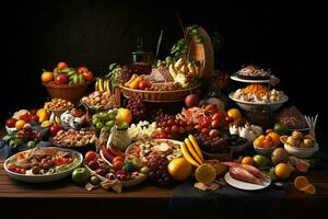 urval av ost, kött, frukt och grönsaker på en trä- tabell. ai genererad proffs Foto