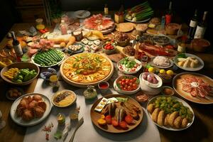urval av ost, kött, frukt och grönsaker på en trä- tabell. ai genererad proffs Foto