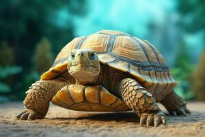 afrikansk sporrade sköldpadda geoklon sulcata på sand. ai genererad proffs Foto
