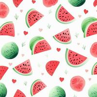 vattenmelon sömlös mönster. hand dragen vattenmelon skivor och hjärtan på vit bakgrund. ai genererad foto