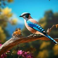 blå jay fågel Sammanträde på en gren i de höst skog. ai genererad proffs Foto