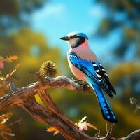 blå jay fågel Sammanträde på en gren i de höst skog. ai genererad proffs Foto