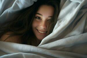 porträtt av skön ung kvinna liggande i säng under vit filt. ai genererad proffs Foto