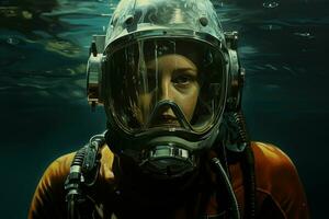 porträtt av en dykare under de hav. ai genererad proffs Foto