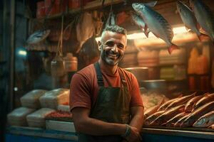 porträtt av en leende medelålders man försäljning färsk fisk i en fisk affär. ai genererad foto