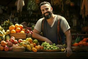 porträtt av en leende man försäljning frukt i en frukt affär. ai genererad proffs Foto