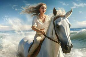 skön flicka i en vit klänning ridning en häst på de strand. ai genererad proffs Foto