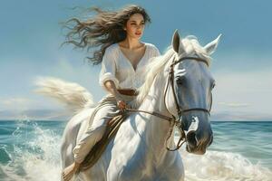 skön flicka i en vit klänning ridning en häst på de strand. ai genererad proffs Foto