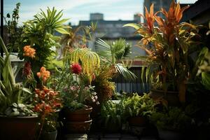 trädgård med möbel och blommor i de stad av bangkok. ai genererad proffs Foto