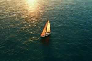 antenn se av en segelbåt i de hav på solnedgång. ai genererad proffs Foto