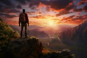 man med ryggsäck stående på de topp av en berg och ser på de solnedgång. ai genererad proffs Foto