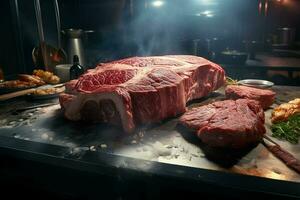 rå färsk nötkött biff skära in i bitar på en trä- skärande styrelse. ai genererad proffs Foto