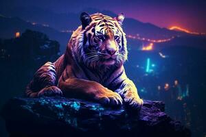 porträtt av tiger på de sten på natt med blå ljus. ai genererad proffs Foto
