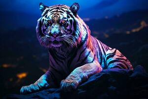 porträtt av tiger på de sten på natt med blå ljus. ai genererad proffs Foto